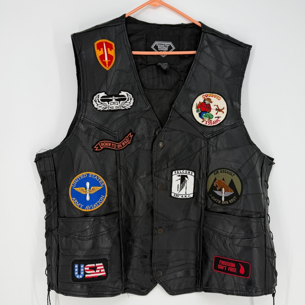 Diamond Plate Buffalo Leather Vest Mens 4X Black Patches Biker Veteran Utility